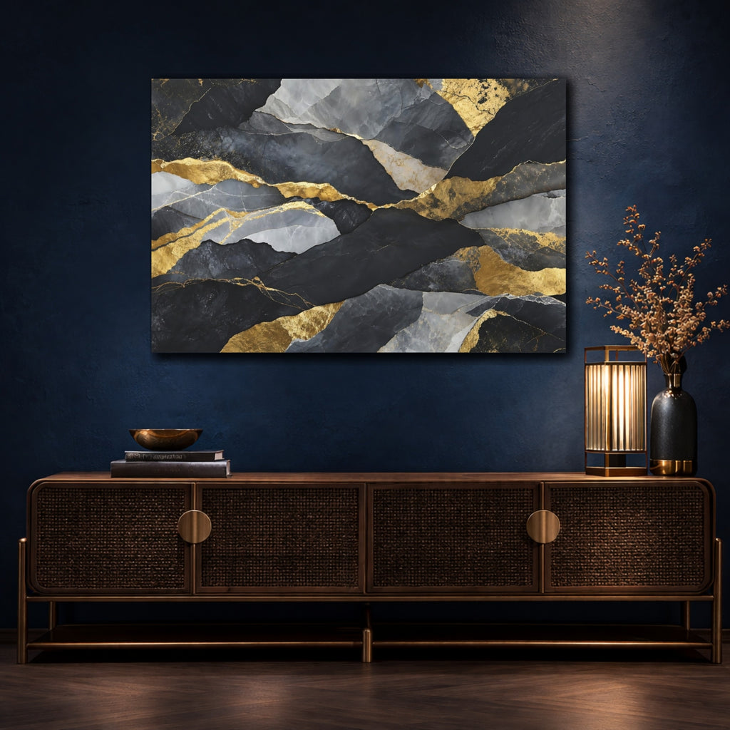 Mockup 4. Abstract Rock Texture Black And Gold Abstract shown as stretched canvas wall art