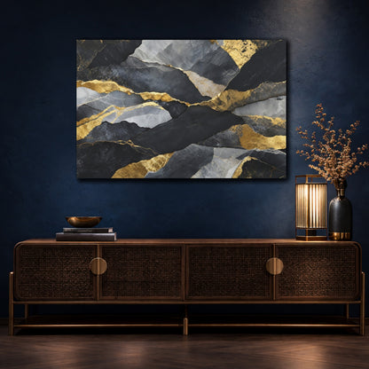 Mockup 4. Abstract Rock Texture Black And Gold Abstract shown as stretched canvas wall art