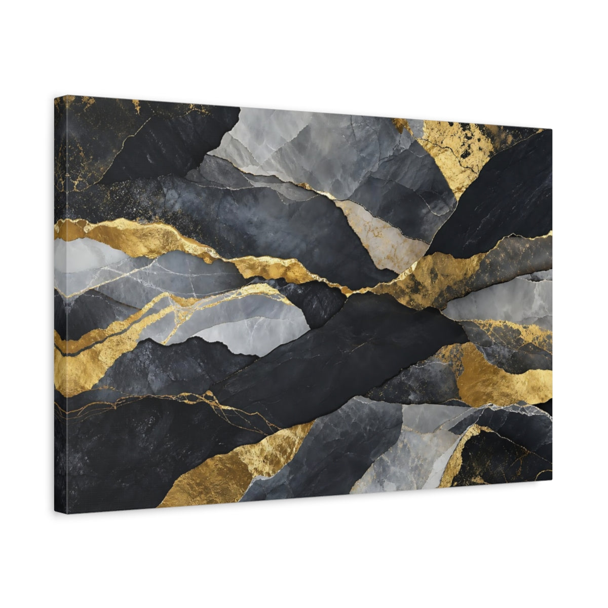 Side Mockup 3. Abstract Rock Texture Black And Gold Abstract shown as stretched canvas wall art