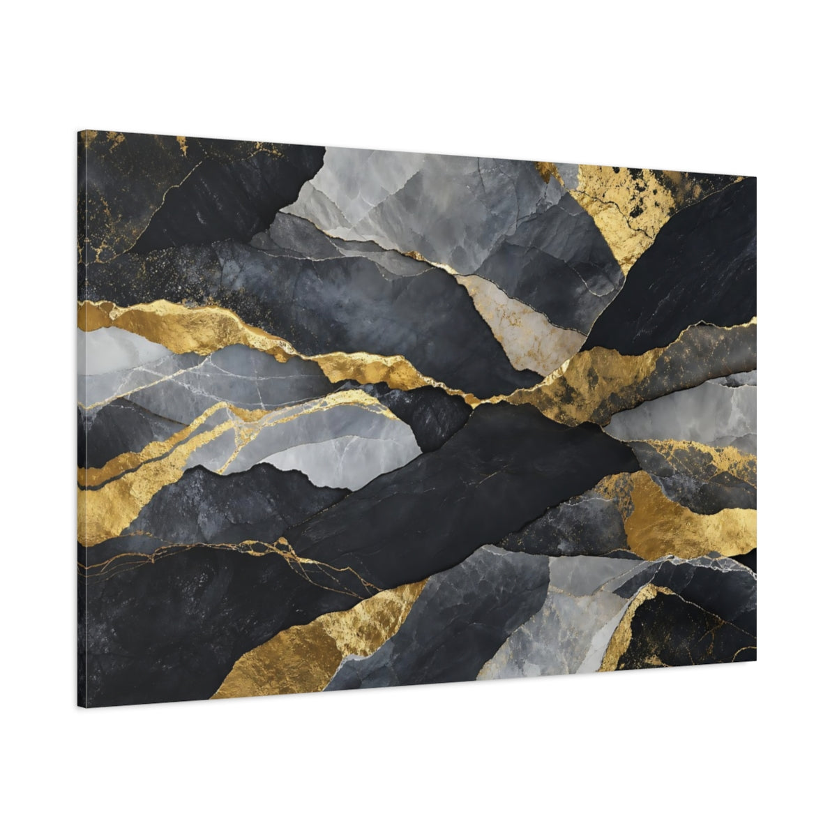 Side Mockup 1. Abstract Rock Texture Black And Gold Abstract shown as stretched canvas wall art