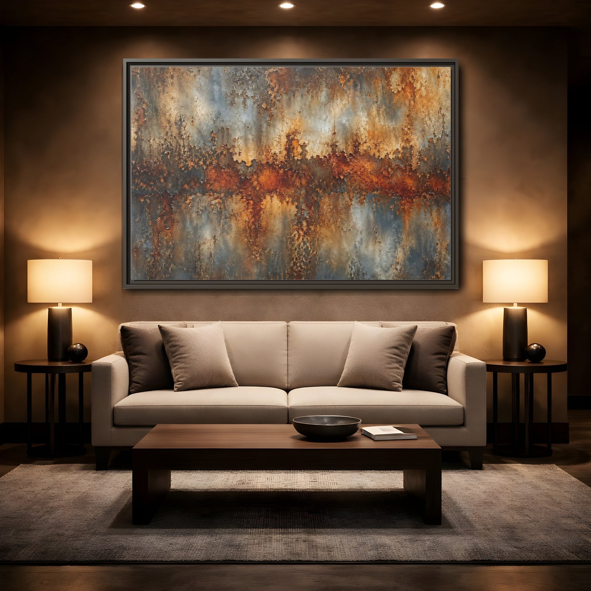 Mockup 2. Abstract Rusty Texture Orange Grey Abstract shown as stretched canvas wall art