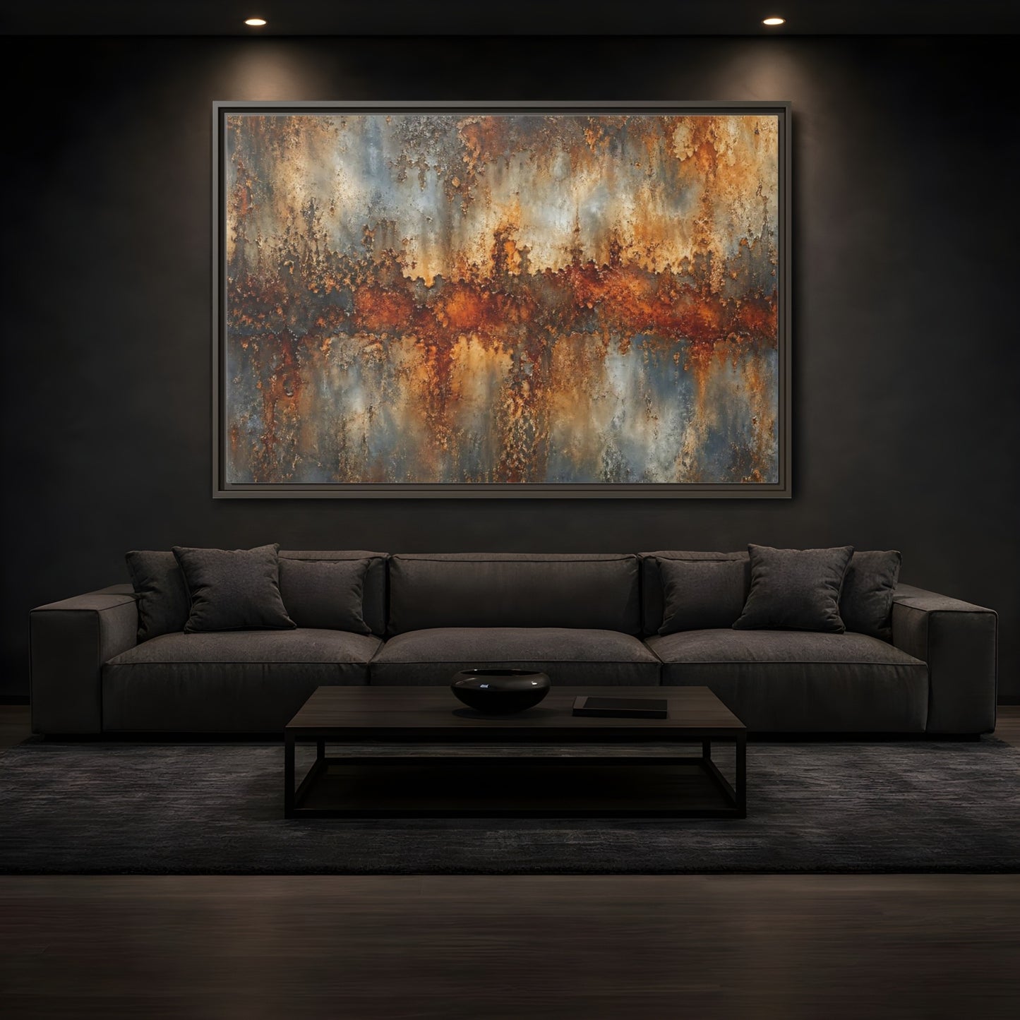 Mockup 3. Abstract Rusty Texture Orange Grey Abstract shown as stretched canvas wall art