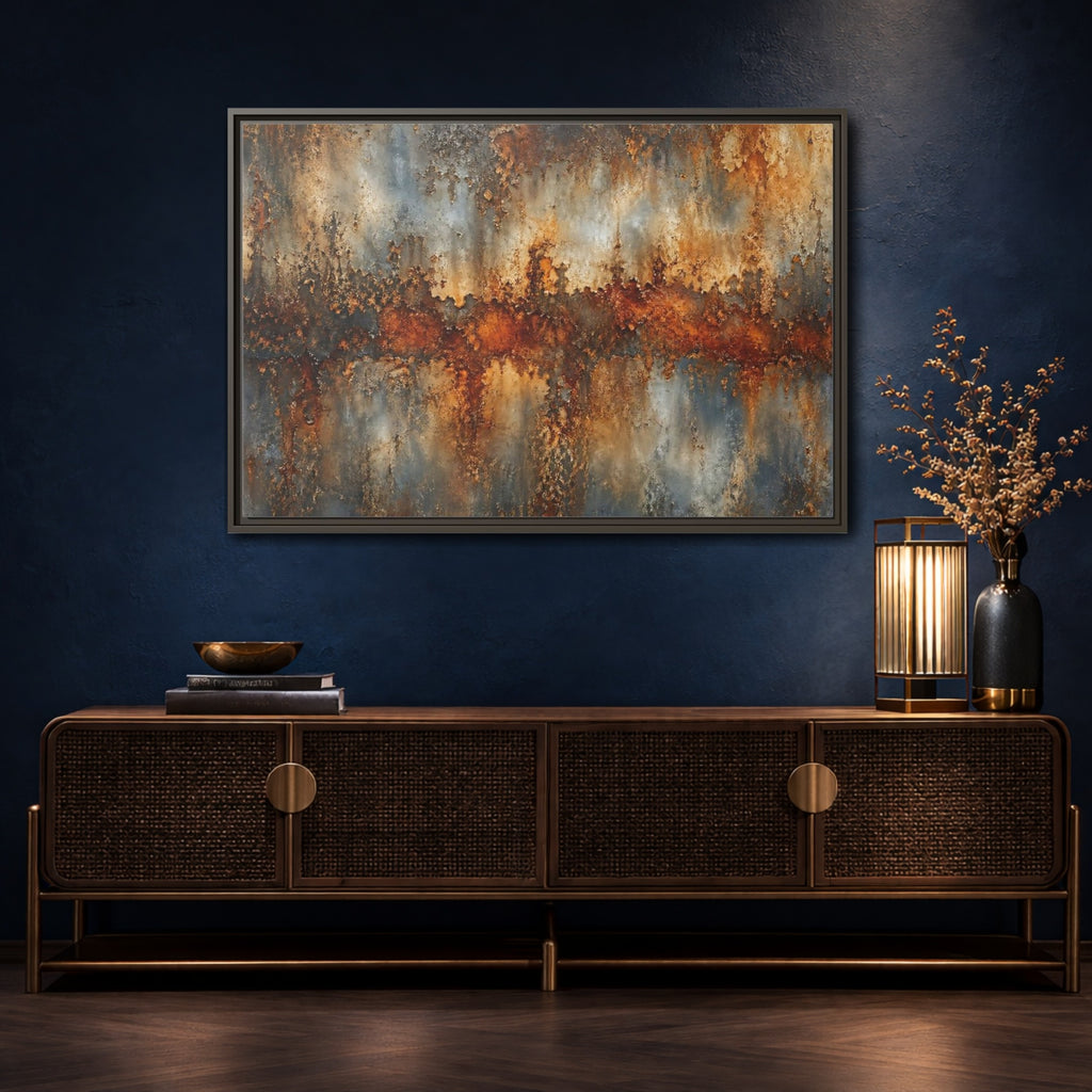 Mockup 4. Abstract Rusty Texture Orange Grey Abstract shown as stretched canvas wall art