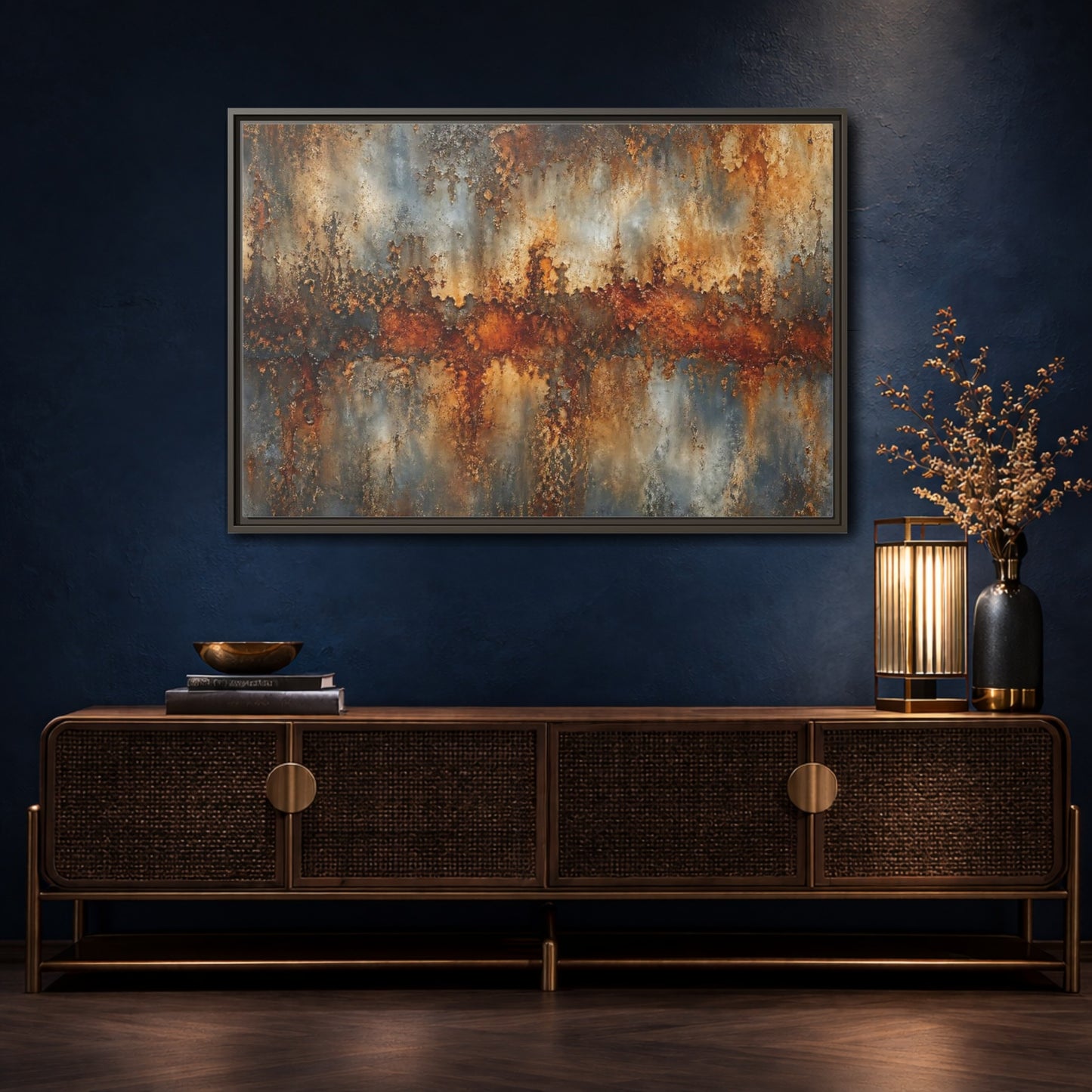 Mockup 4. Abstract Rusty Texture Orange Grey Abstract shown as stretched canvas wall art