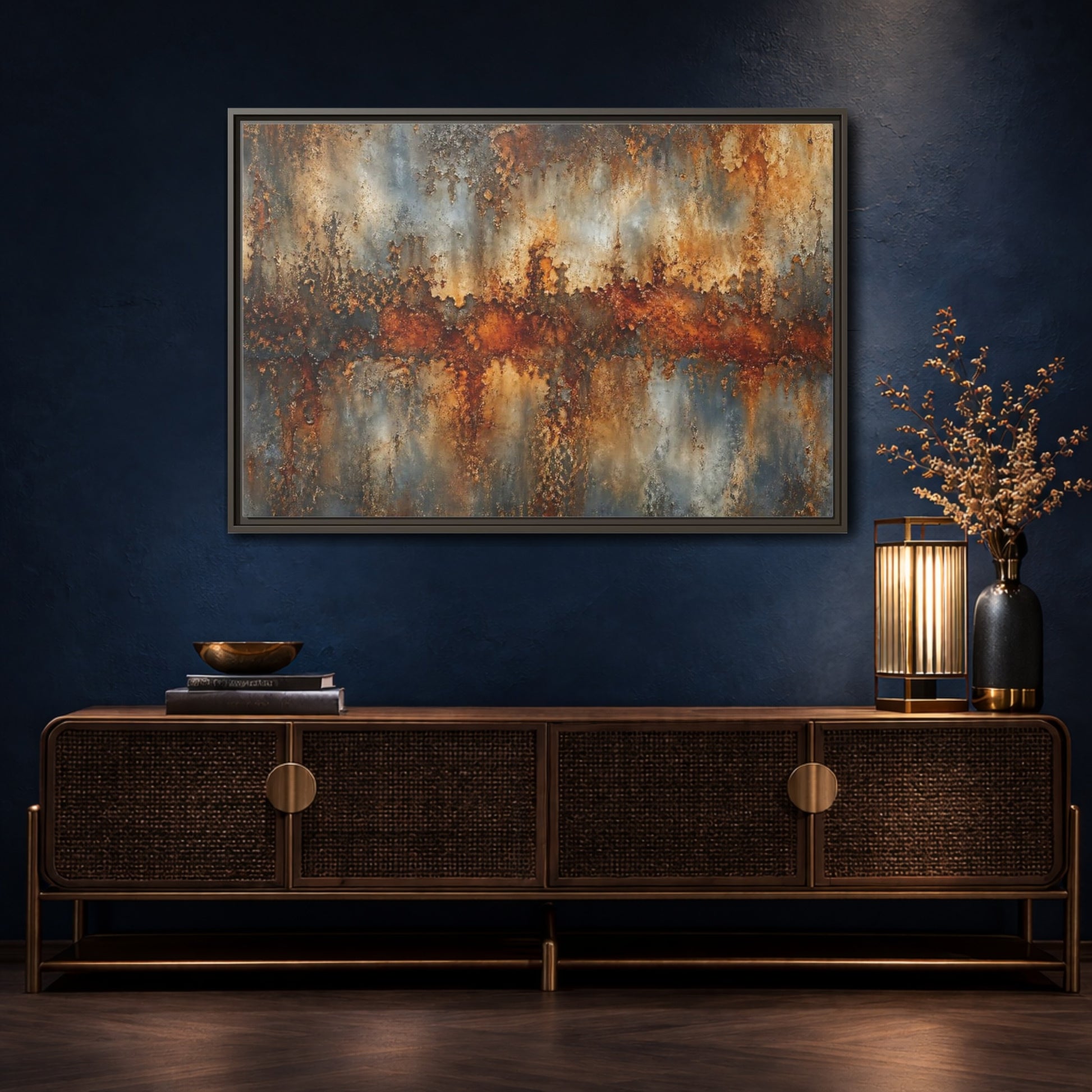 Mockup 4. Abstract Rusty Texture Orange Grey Abstract shown as stretched canvas wall art