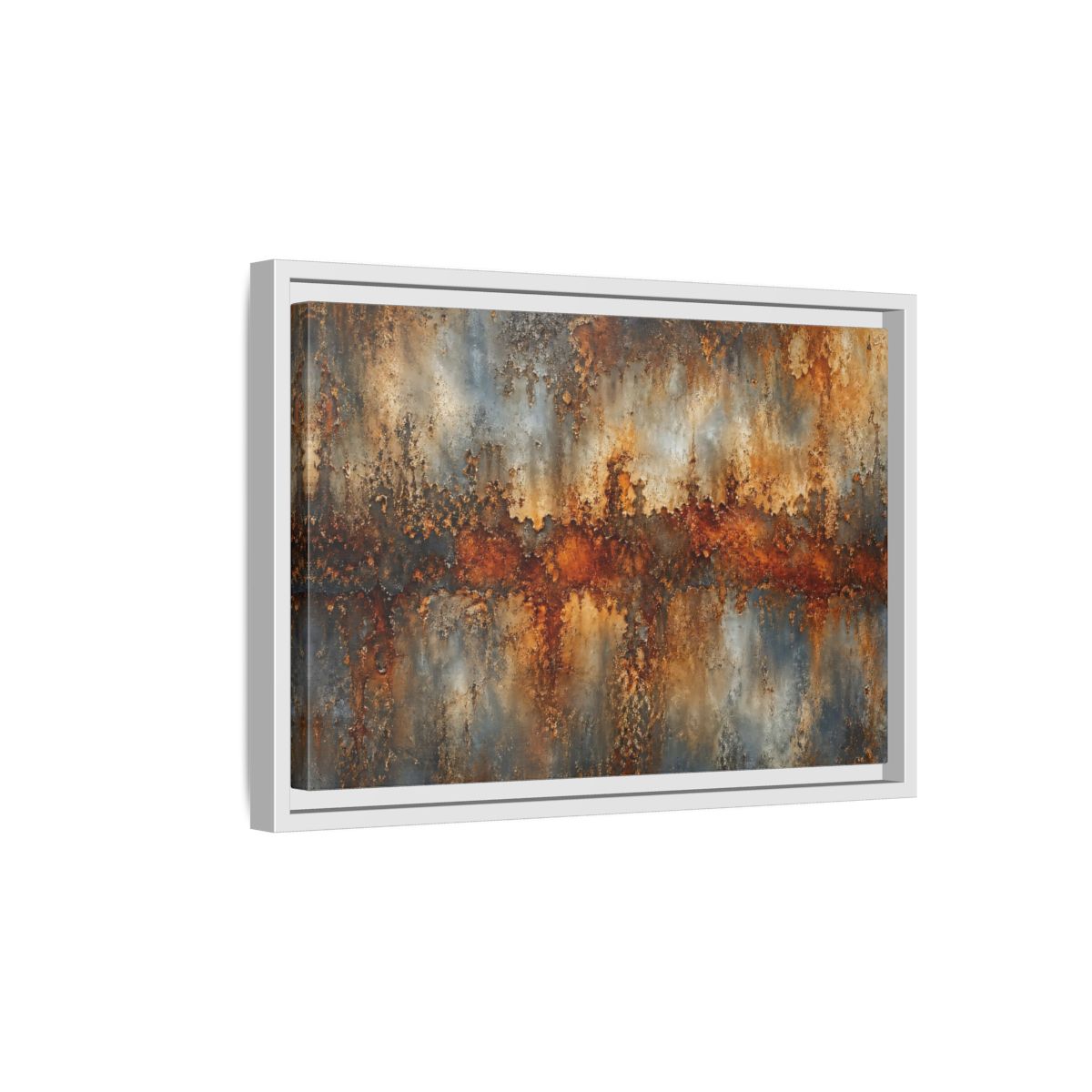 Side Mockup 4. Abstract Rusty Texture Orange Grey Abstract shown as stretched canvas wall art