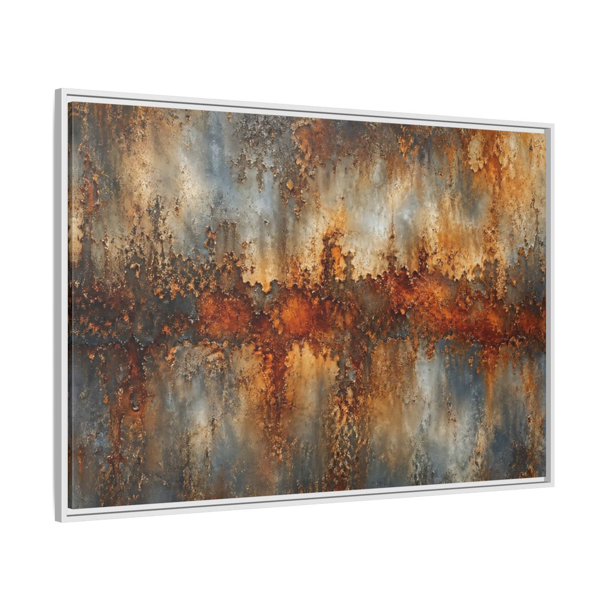 Side Mockup 7. Abstract Rusty Texture Orange Grey Abstract shown as stretched canvas wall art