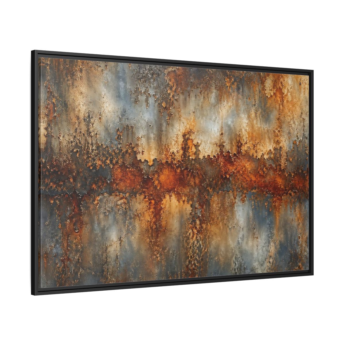Side Mockup 12. Abstract Rusty Texture Orange Grey Abstract shown as stretched canvas wall art