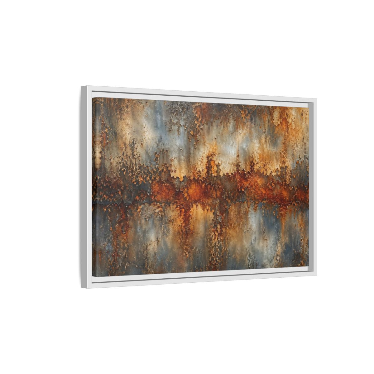 Side Mockup 1. Abstract Rusty Texture Orange Grey Abstract shown as stretched canvas wall art