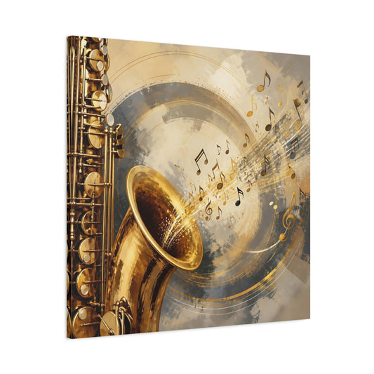 Main Mockup. Abstract Saxophone Gold And Gray shown as canvas print