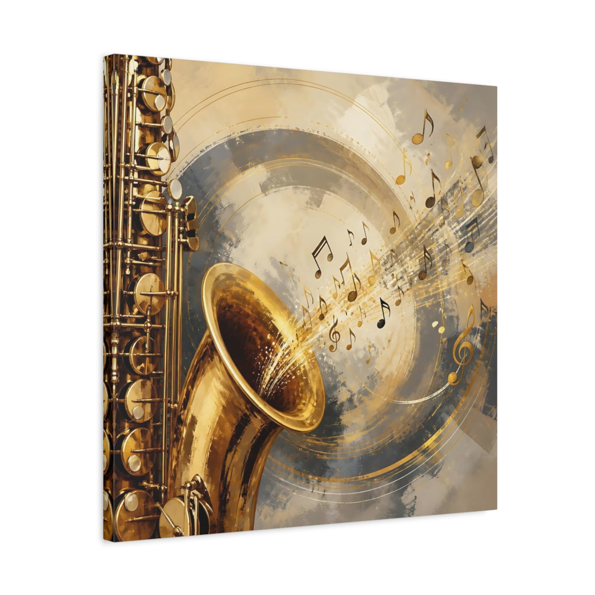 Side Mockup 4. Abstract Saxophone Gold And Gray shown as canvas print