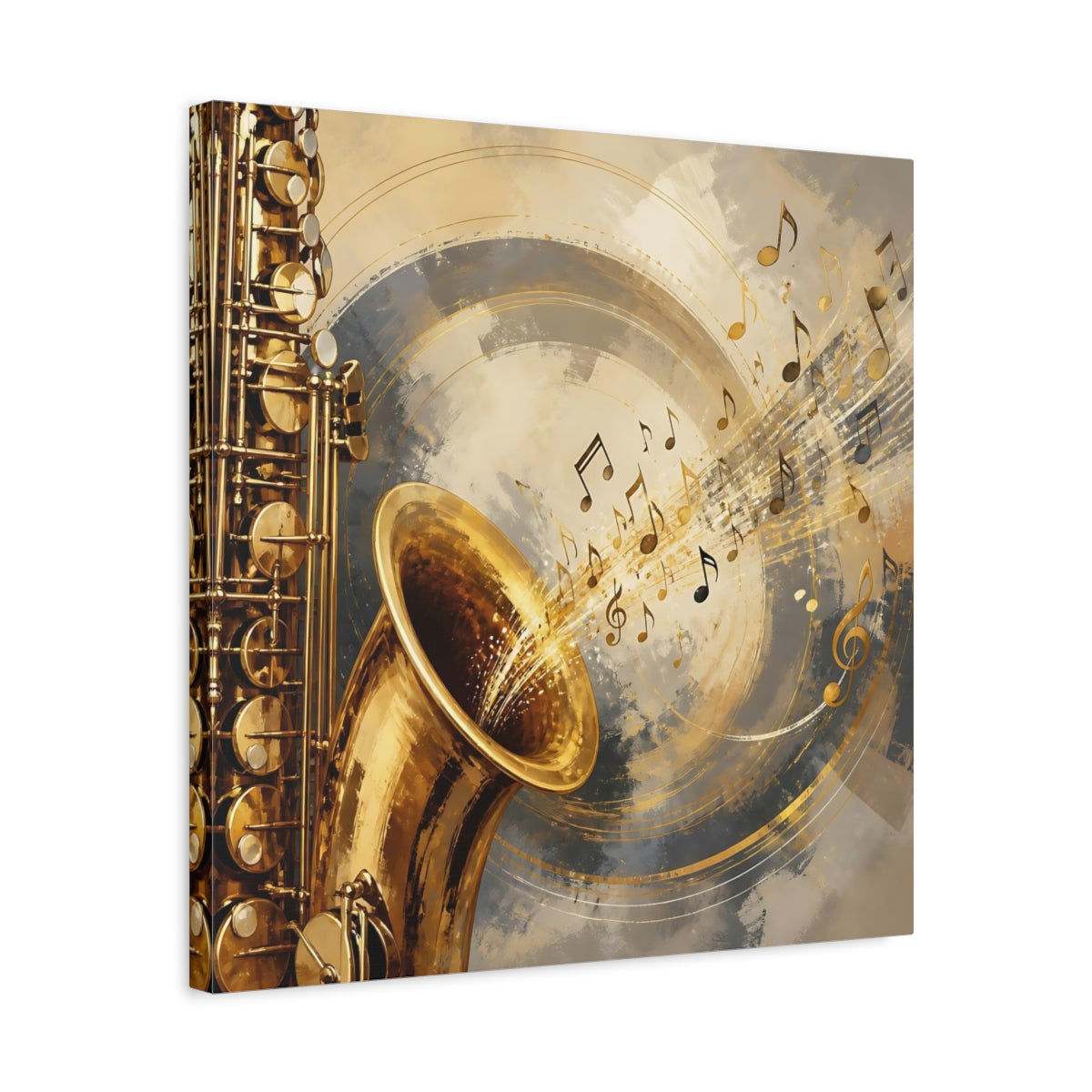 Side Mockup 5. Abstract Saxophone Gold And Gray shown as canvas print