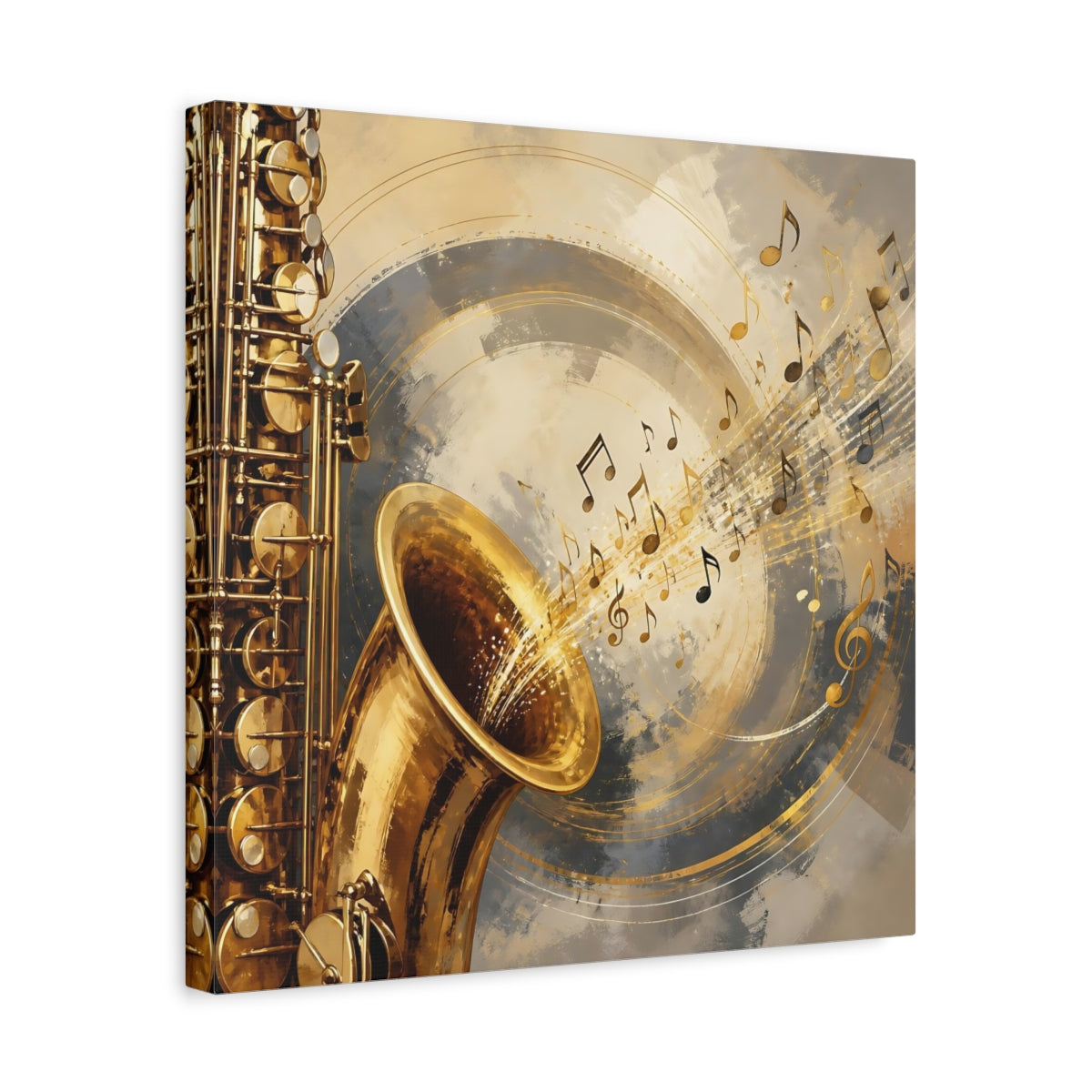Side Mockup 6. Abstract Saxophone Gold And Gray shown as canvas print