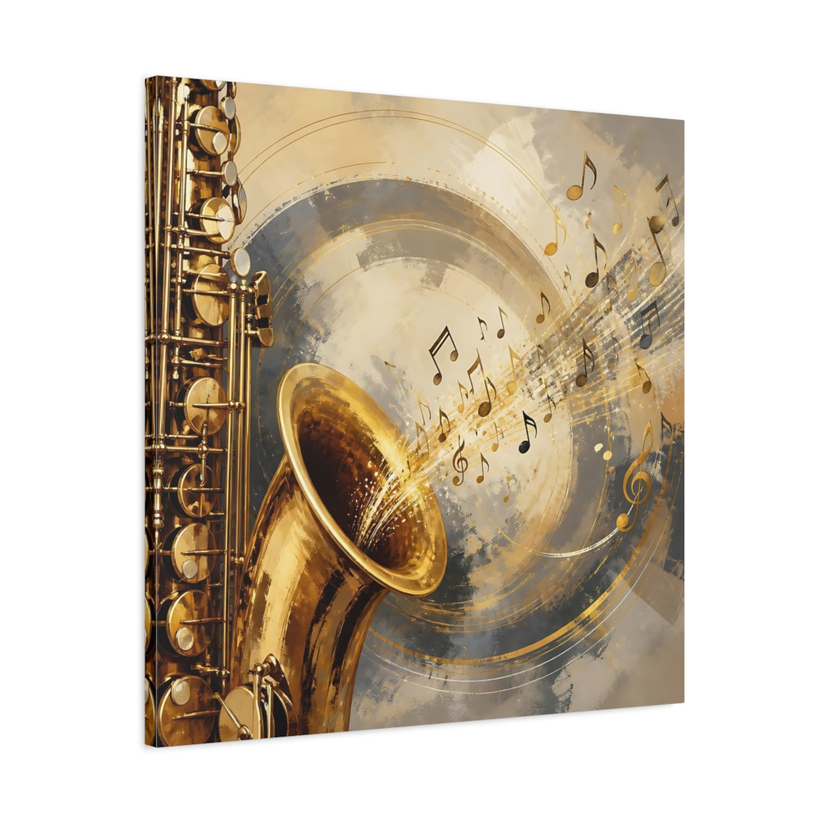 Side Mockup 3. Abstract Saxophone Gold And Gray shown as canvas print
