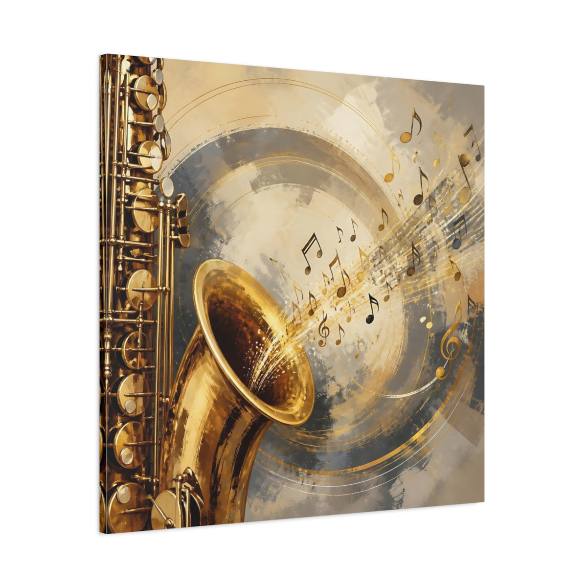 Side Mockup 1. Abstract Saxophone Gold And Gray shown as canvas print