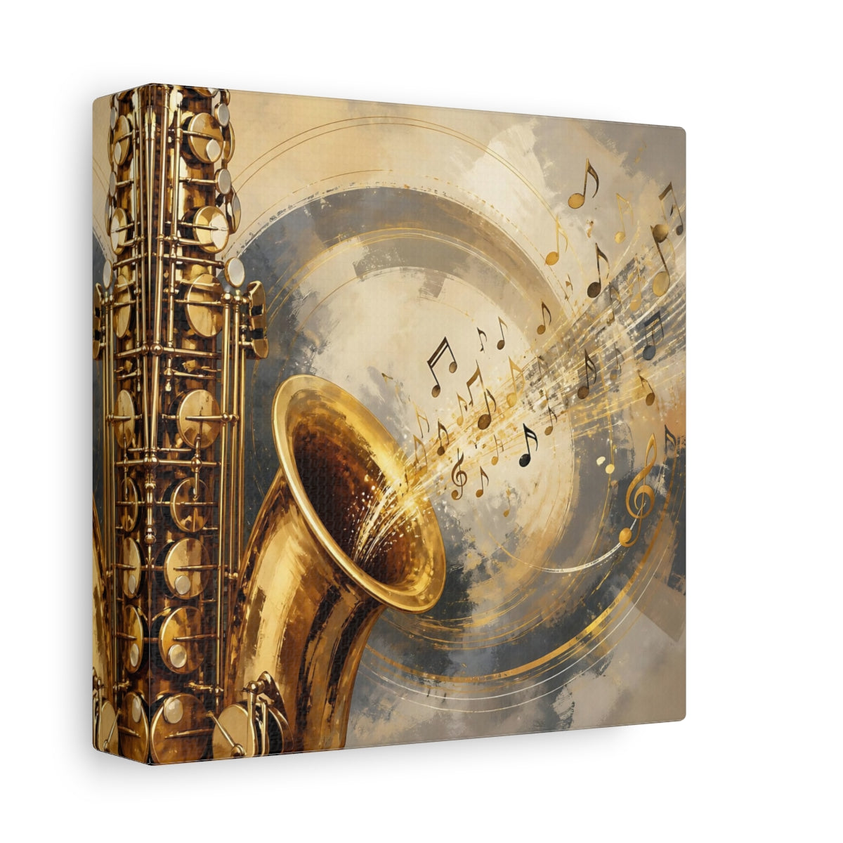 Side Mockup 2. Abstract Saxophone Gold And Gray shown as canvas print
