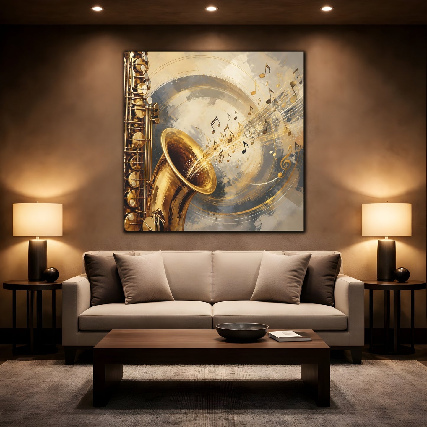 Mockup 2. Abstract Saxophone Gold And Gray shown as canvas print