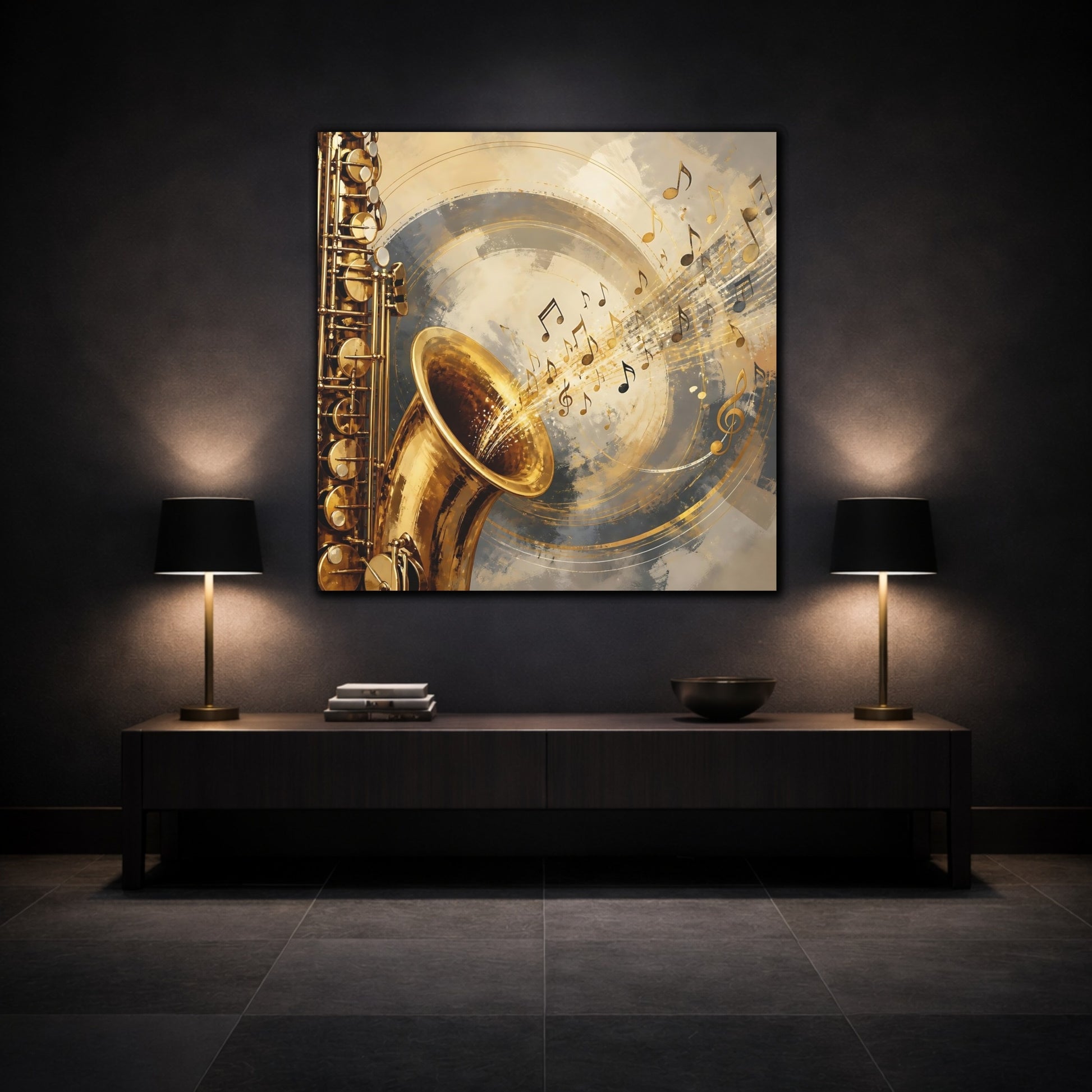 Mockup 3. Abstract Saxophone Gold And Gray shown as canvas print