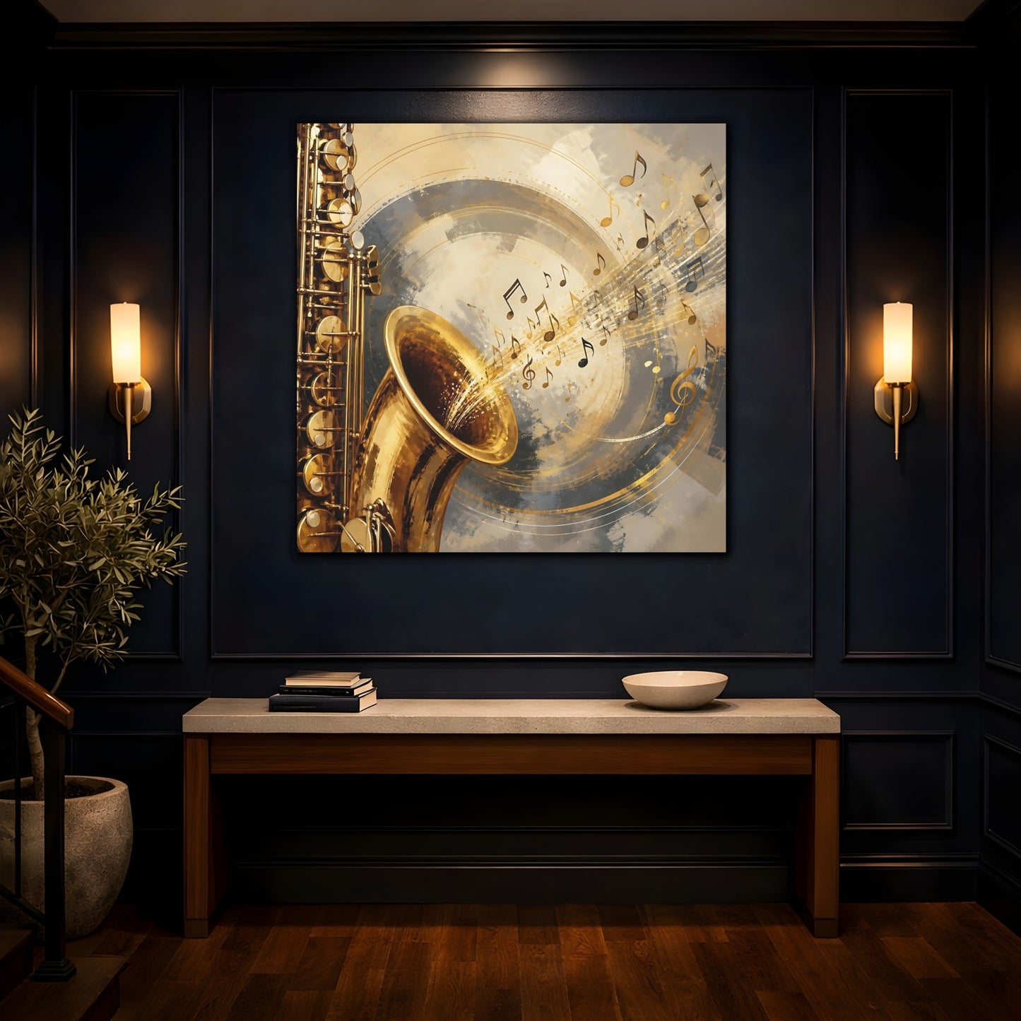 Mockup 4. Abstract Saxophone Gold And Gray shown as canvas print