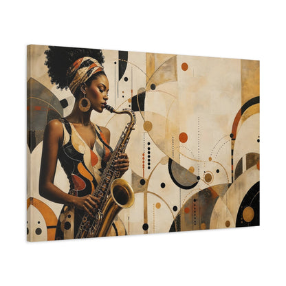 Main Mockup. Abstract Saxophone Player Gold Black Brown shown as canvas print