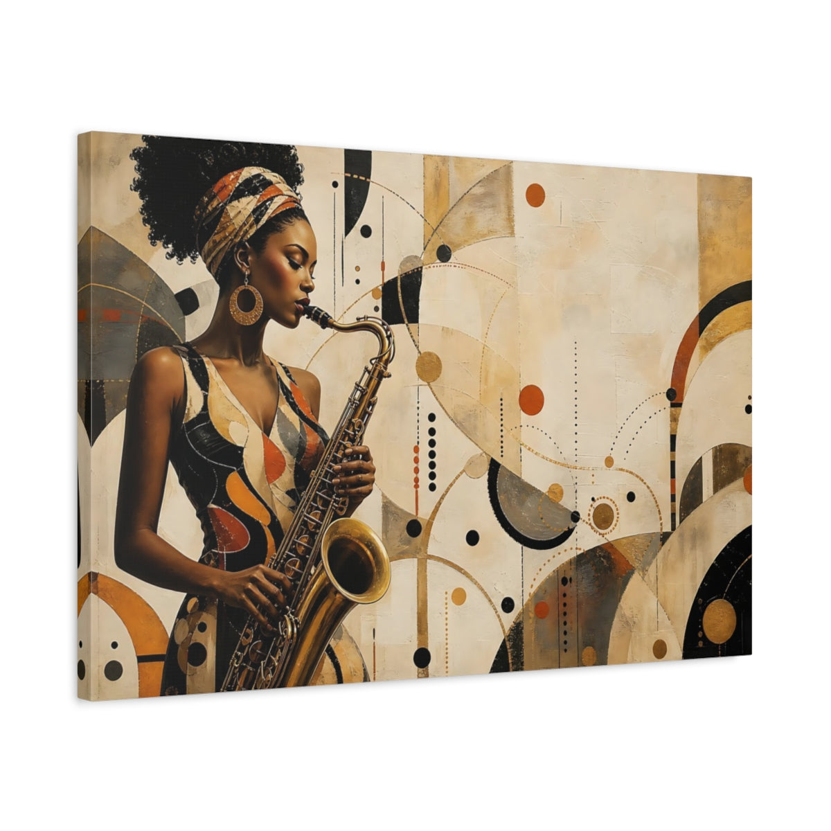 Side Mockup 2. Abstract Saxophone Player Gold Black Brown shown as canvas print