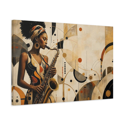 Side Mockup 2. Abstract Saxophone Player Gold Black Brown shown as canvas print