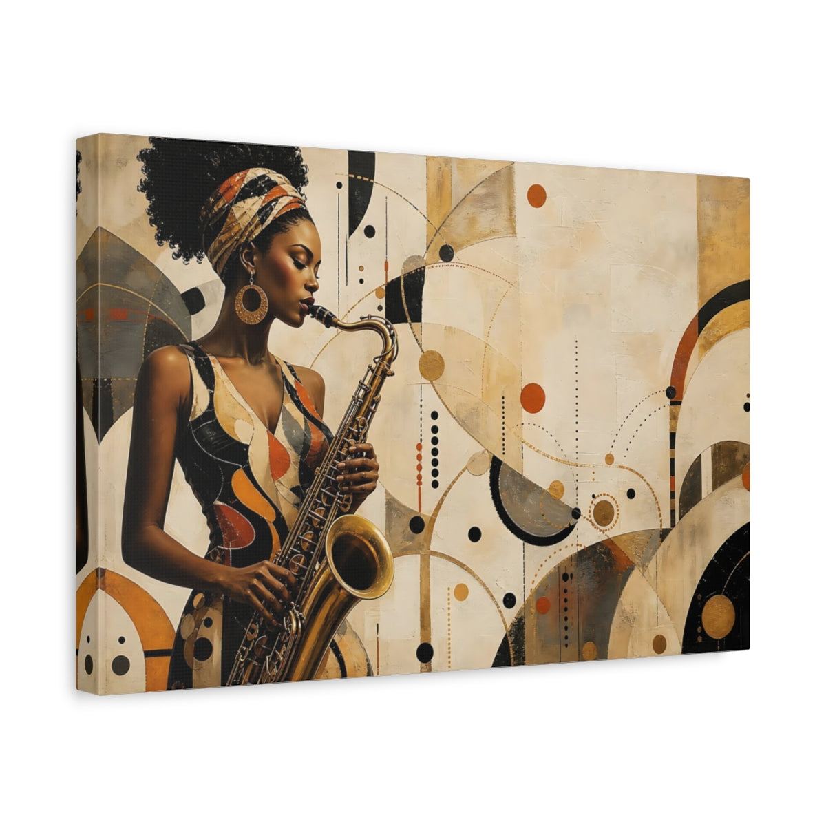 Side Mockup 4. Abstract Saxophone Player Gold Black Brown shown as canvas print