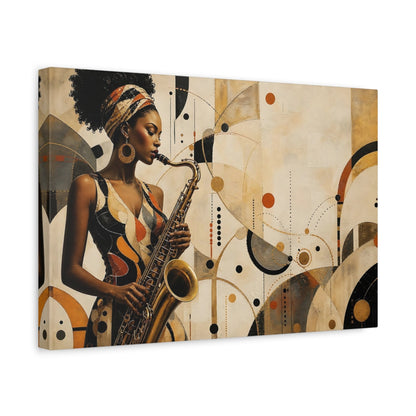 Side Mockup 4. Abstract Saxophone Player Gold Black Brown shown as canvas print