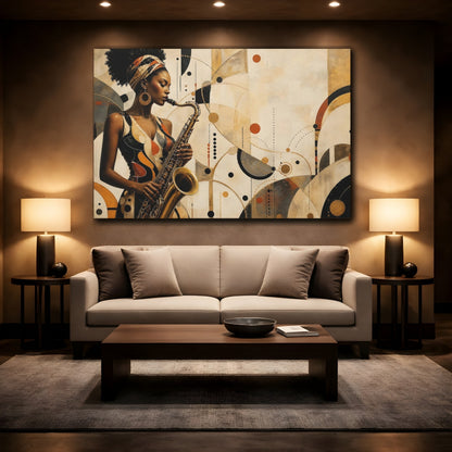 Mockup 2. Abstract Saxophone Player Gold Black Brown shown as canvas print