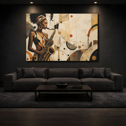 Mockup 3. Abstract Saxophone Player Gold Black Brown shown as canvas print