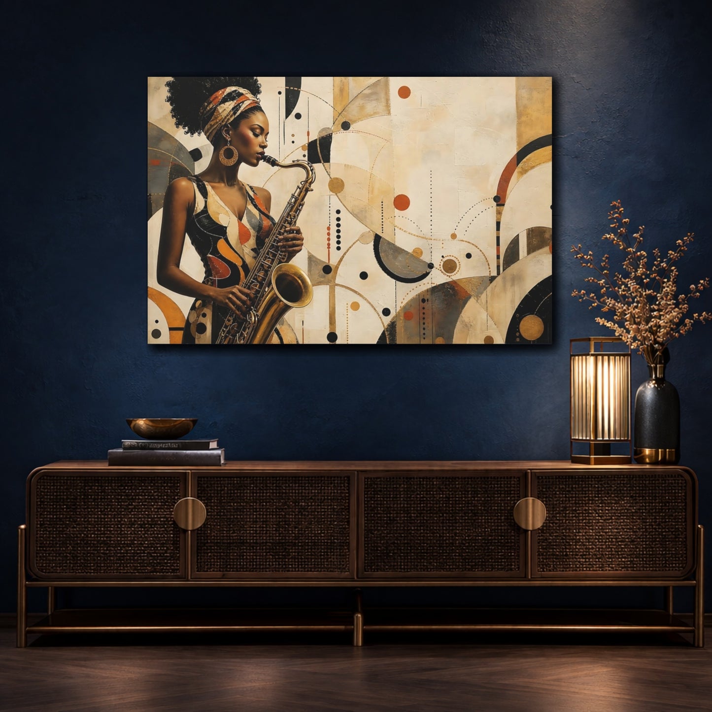 Mockup 4. Abstract Saxophone Player Gold Black Brown shown as canvas print