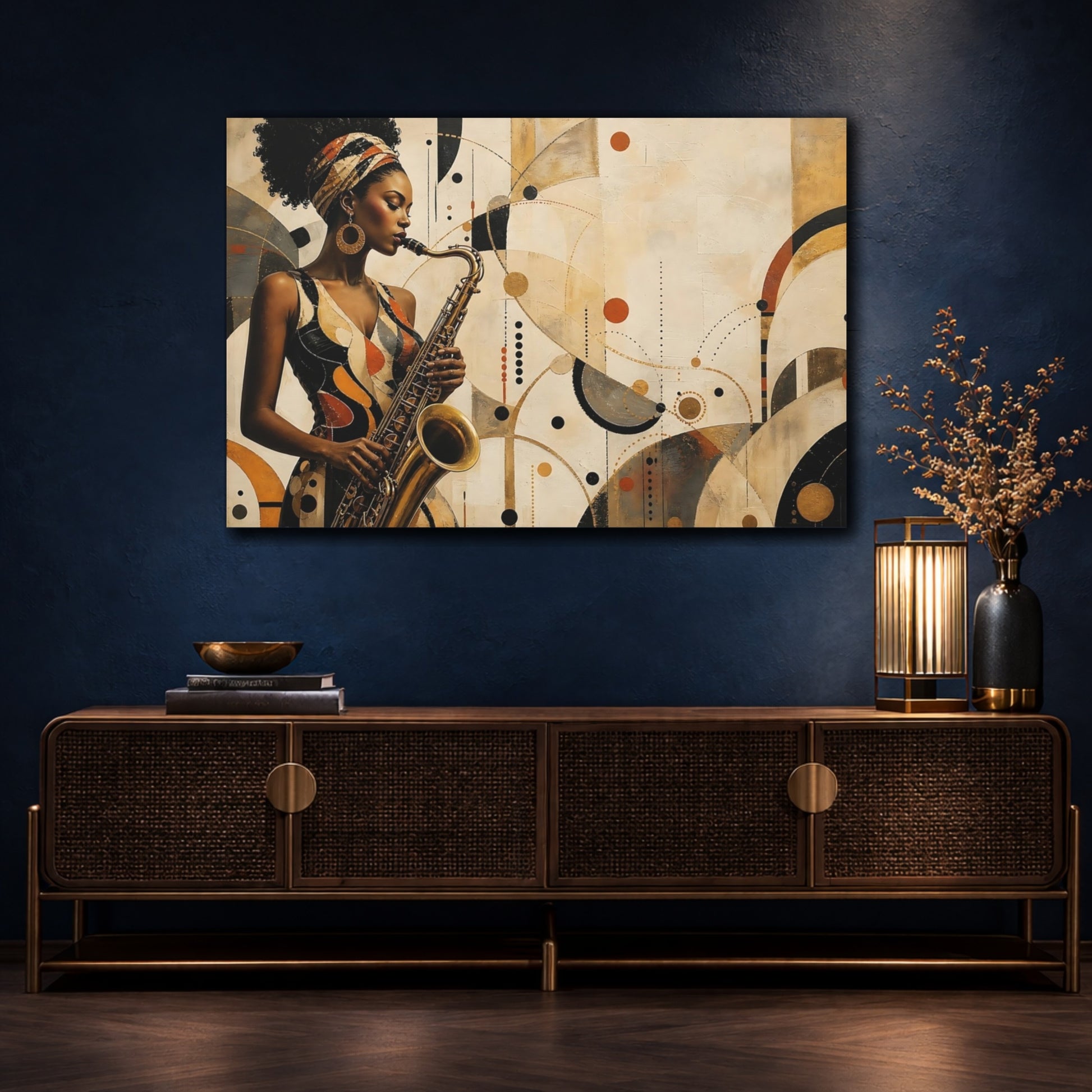 Mockup 4. Abstract Saxophone Player Gold Black Brown shown as canvas print
