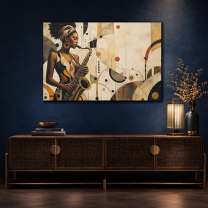 Mockup 4. Abstract Saxophone Player Gold Black Brown shown as canvas print