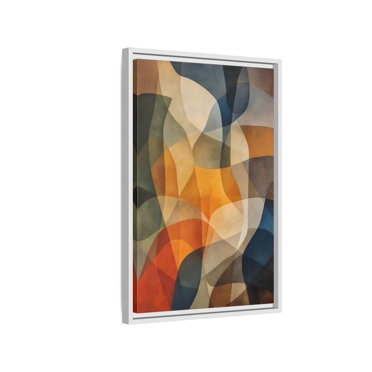 Side Mockup 1. Abstract Abstract Shapes Abstract Brown Orange Blue shown as stretched canvas wall art