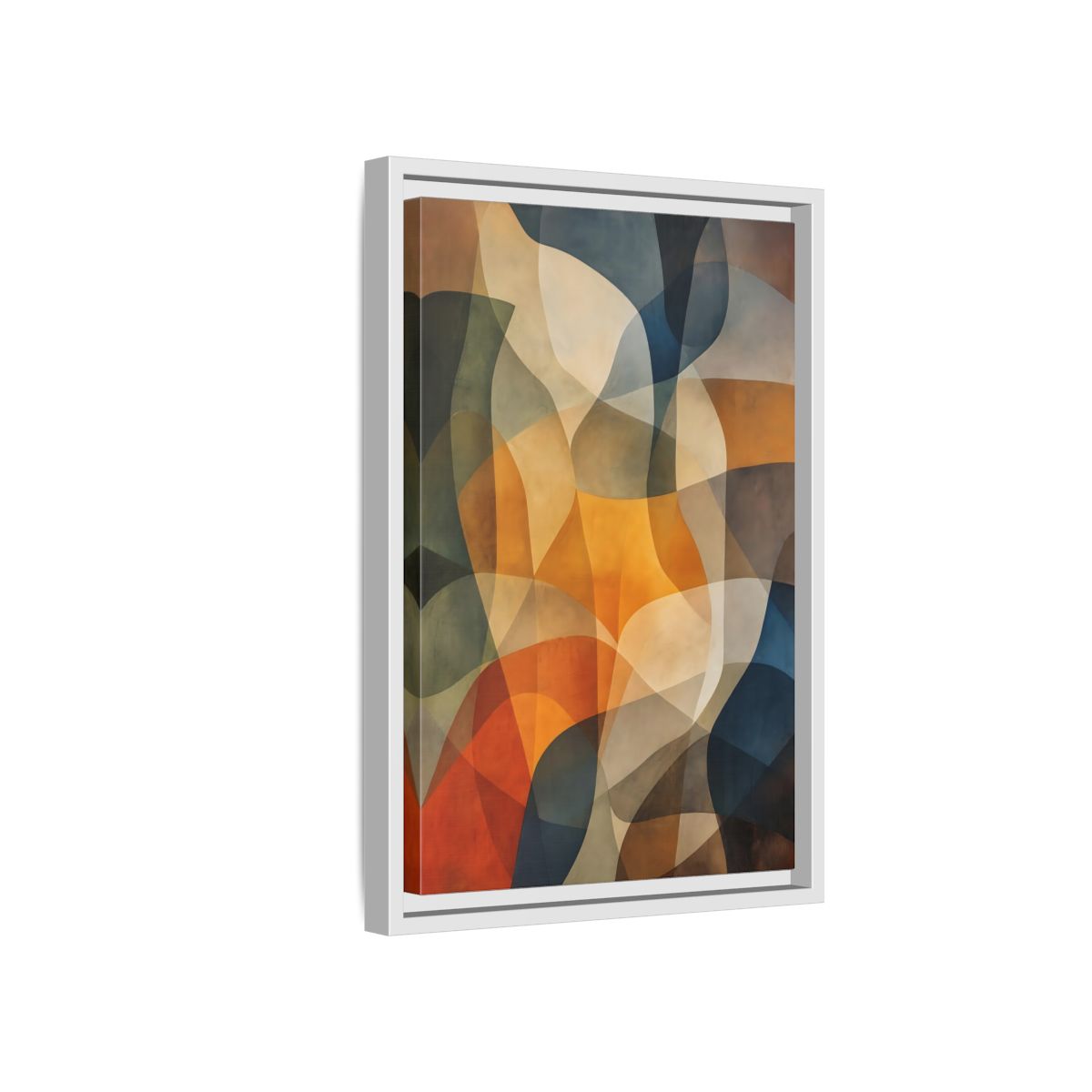 Side Mockup 4. Abstract Abstract Shapes Abstract Brown Orange Blue shown as stretched canvas wall art