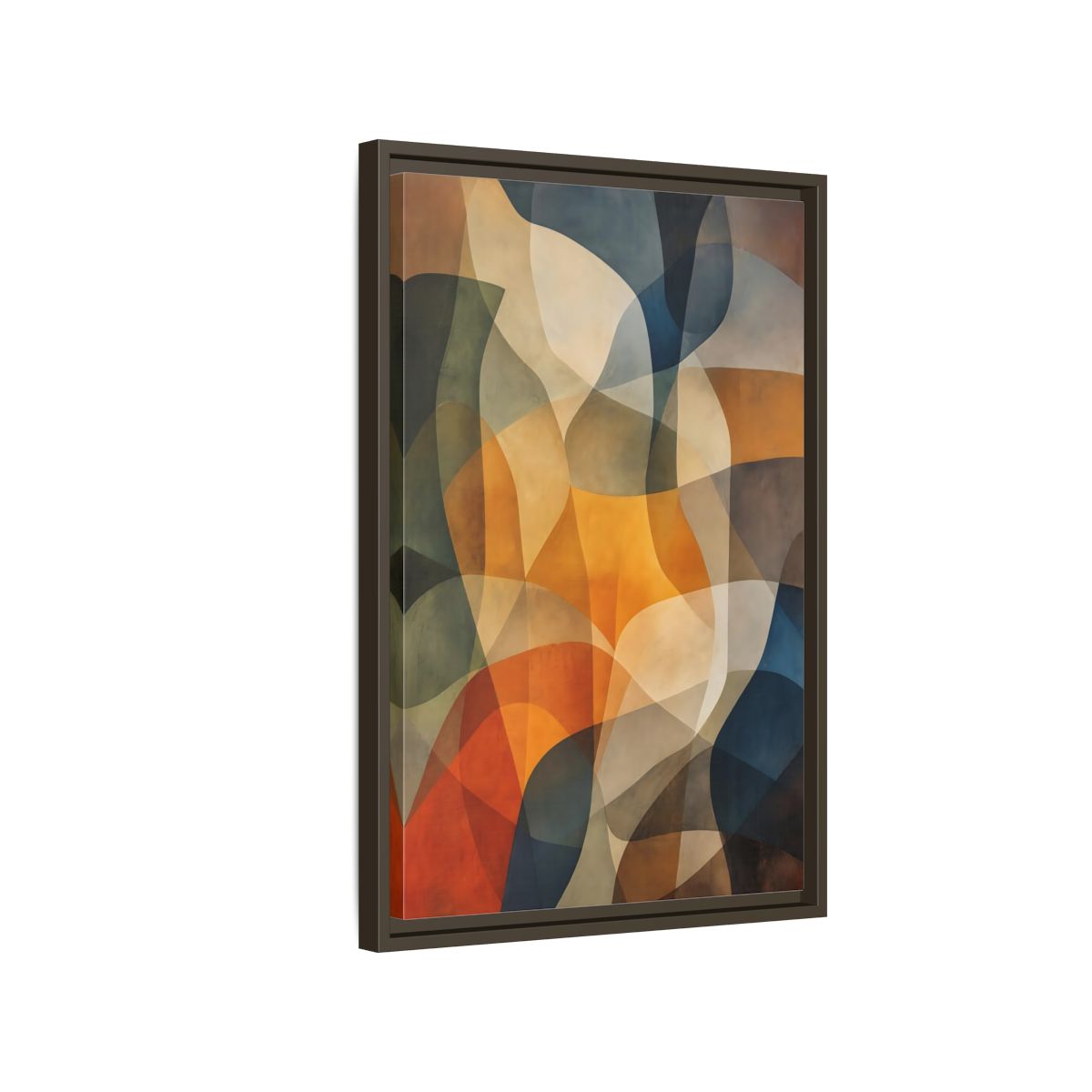 Side Mockup 2. Abstract Abstract Shapes Abstract Brown Orange Blue shown as stretched canvas wall art
