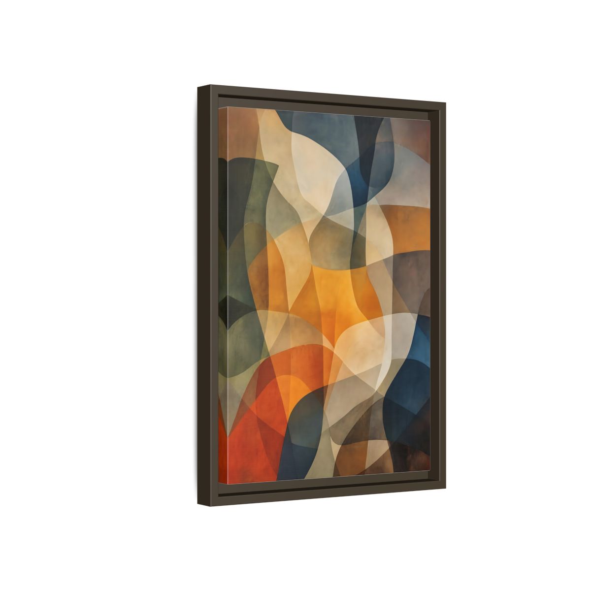Side Mockup 5. Abstract Abstract Shapes Abstract Brown Orange Blue shown as stretched canvas wall art