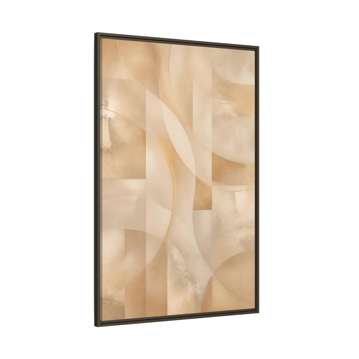 Side Mockup 8. Abstract Abstract Shapes Gold And Beige shown as stretched canvas wall art