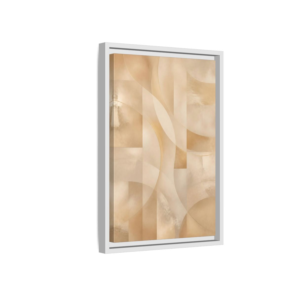 Side Mockup 4. Abstract Abstract Shapes Gold And Beige shown as stretched canvas wall art