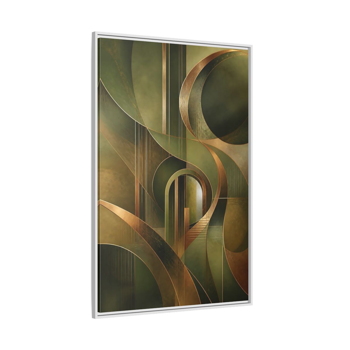 Side Mockup 7. Abstract Abstract Shapes Green And Gold Abstract shown as stretched canvas wall art