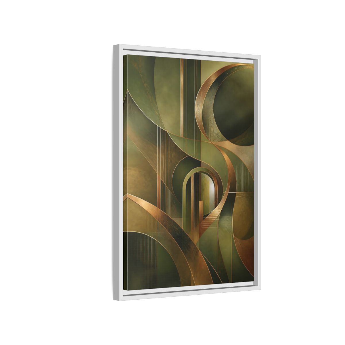 Side Mockup 1. Abstract Abstract Shapes Green And Gold Abstract shown as stretched canvas wall art