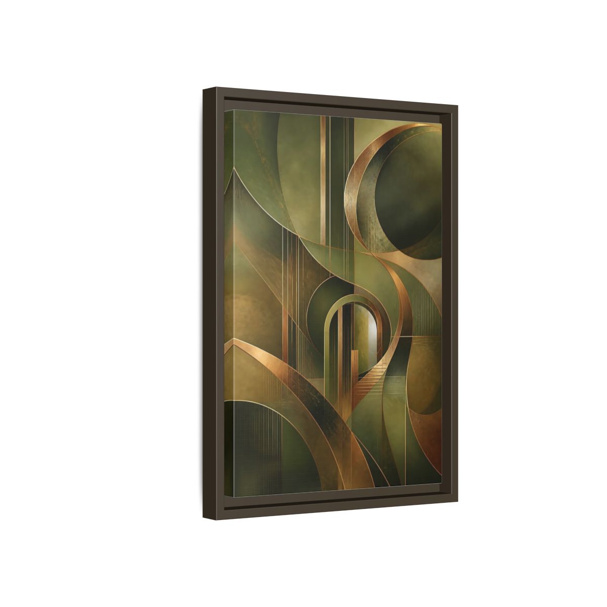 Side Mockup 5. Abstract Abstract Shapes Green And Gold Abstract shown as stretched canvas wall art