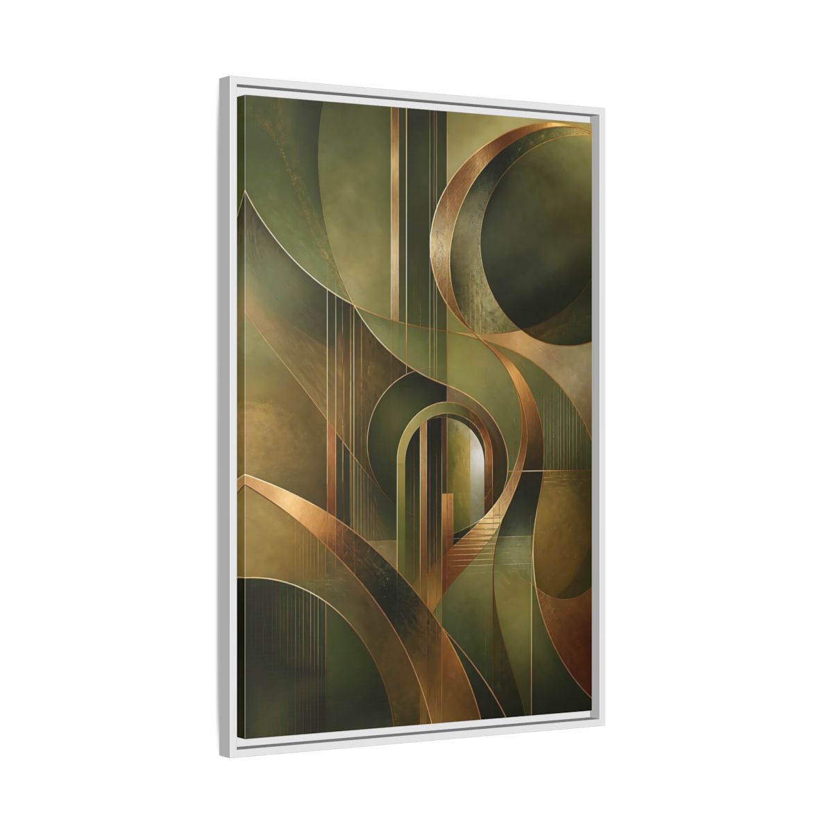 Side Mockup 9. Abstract Abstract Shapes Green And Gold Abstract shown as stretched canvas wall art