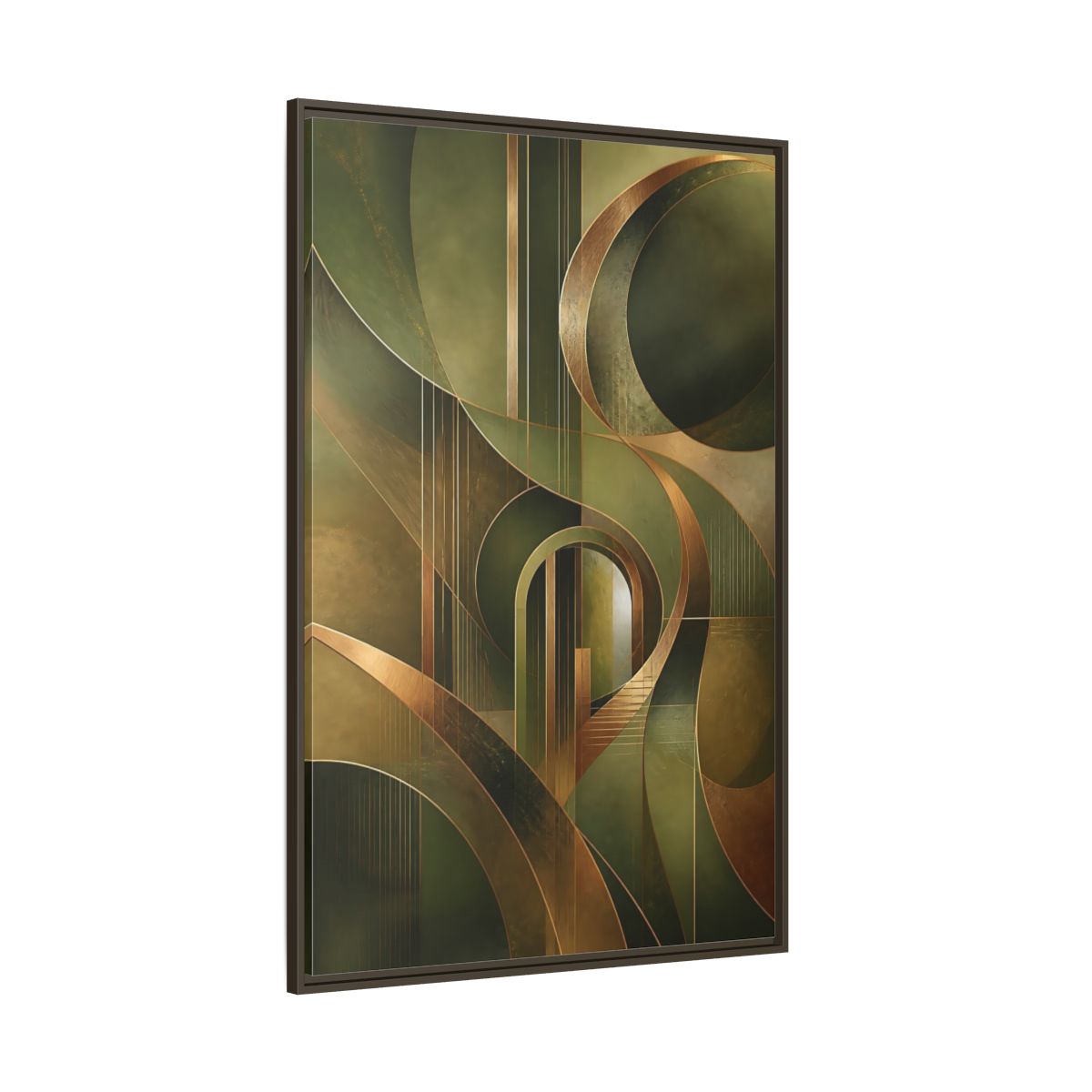 Side Mockup 8. Abstract Abstract Shapes Green And Gold Abstract shown as stretched canvas wall art
