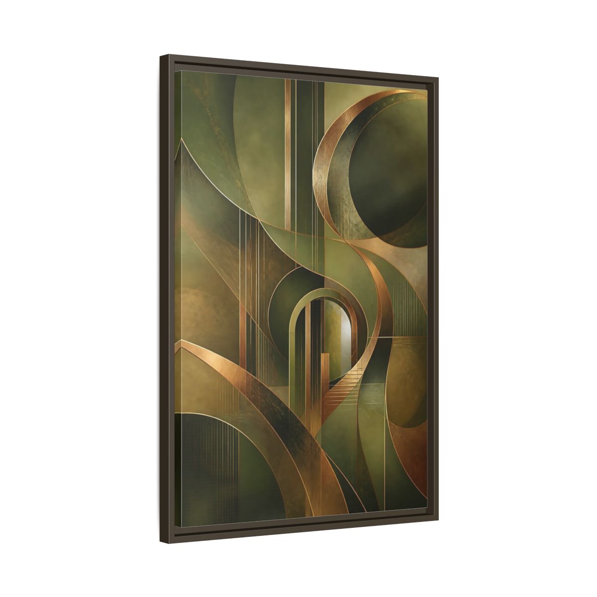 Side Mockup 11. Abstract Abstract Shapes Green And Gold Abstract shown as stretched canvas wall art