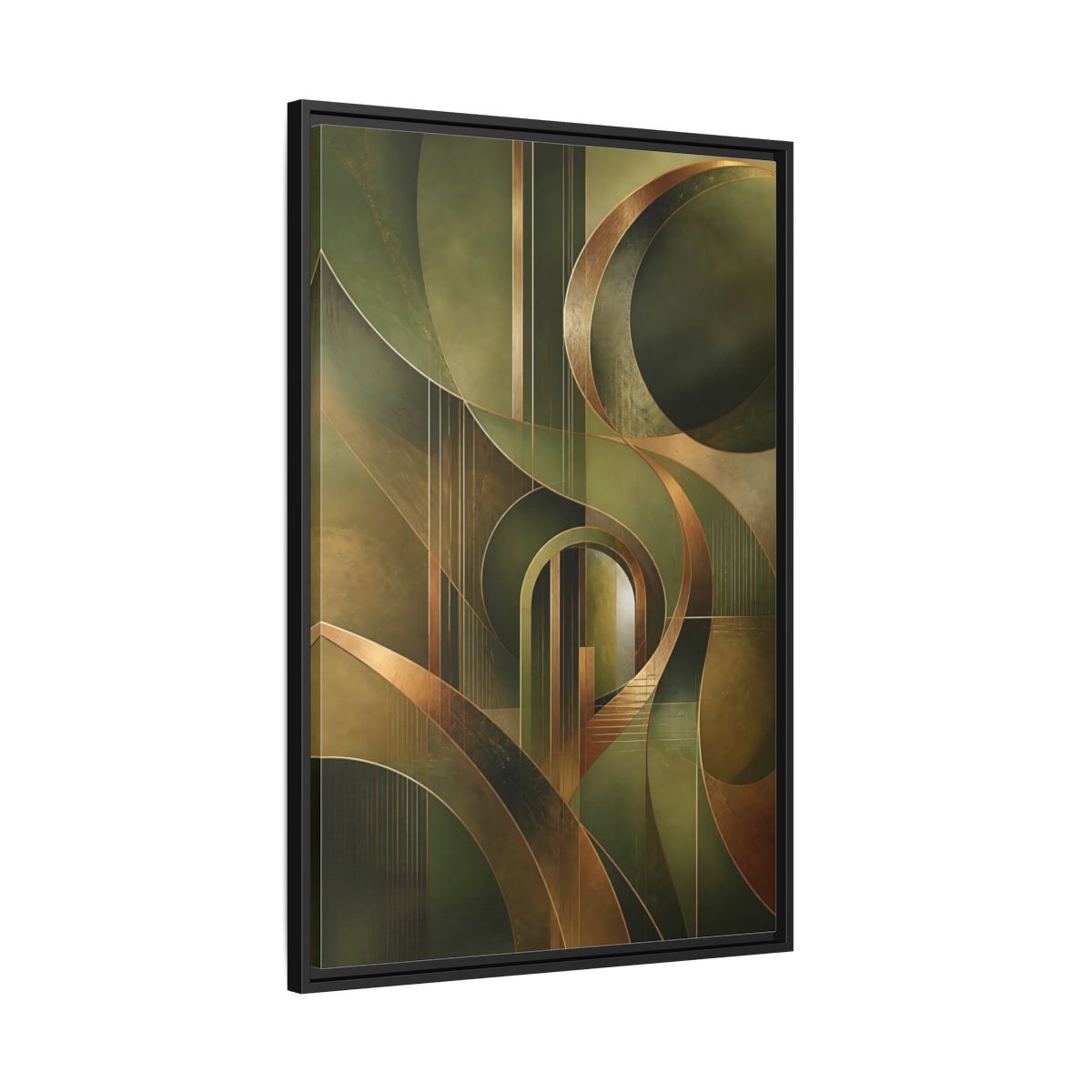 Side Mockup 13. Abstract Abstract Shapes Green And Gold Abstract shown as stretched canvas wall art