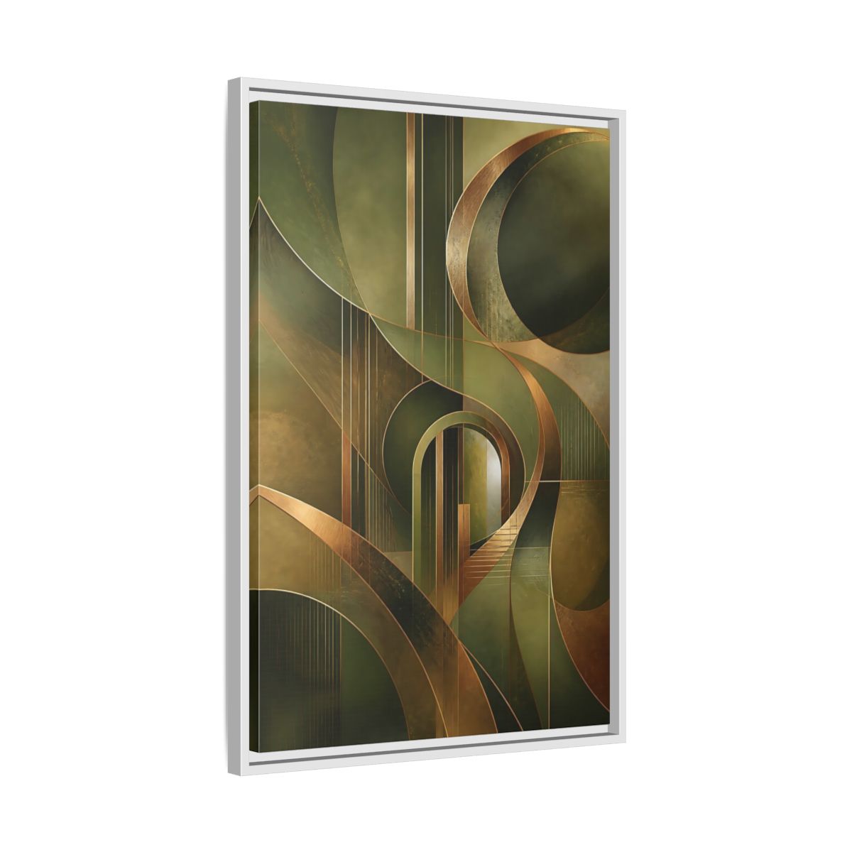 Side Mockup 10. Abstract Abstract Shapes Green And Gold Abstract shown as stretched canvas wall art
