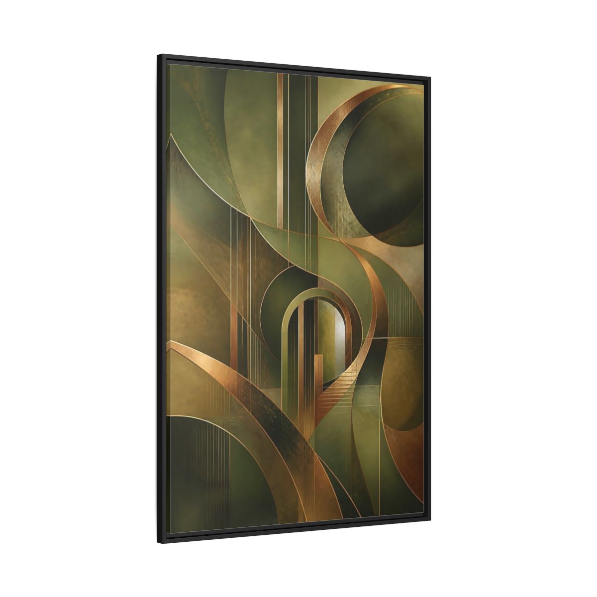 Side Mockup 12. Abstract Abstract Shapes Green And Gold Abstract shown as stretched canvas wall art