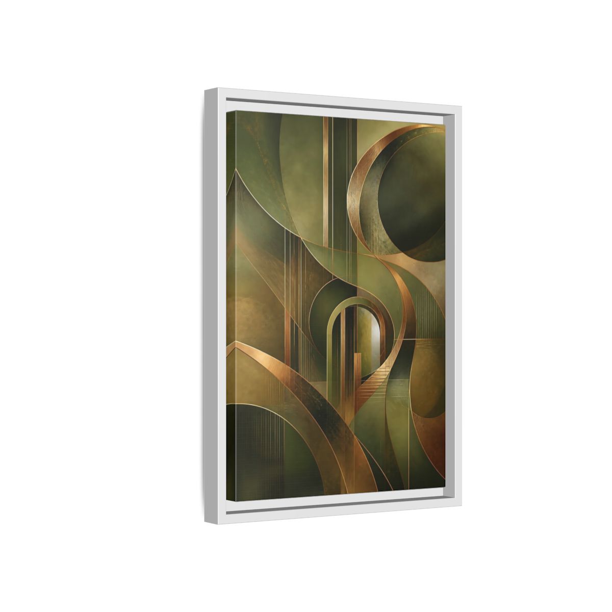 Side Mockup 4. Abstract Abstract Shapes Green And Gold Abstract shown as stretched canvas wall art