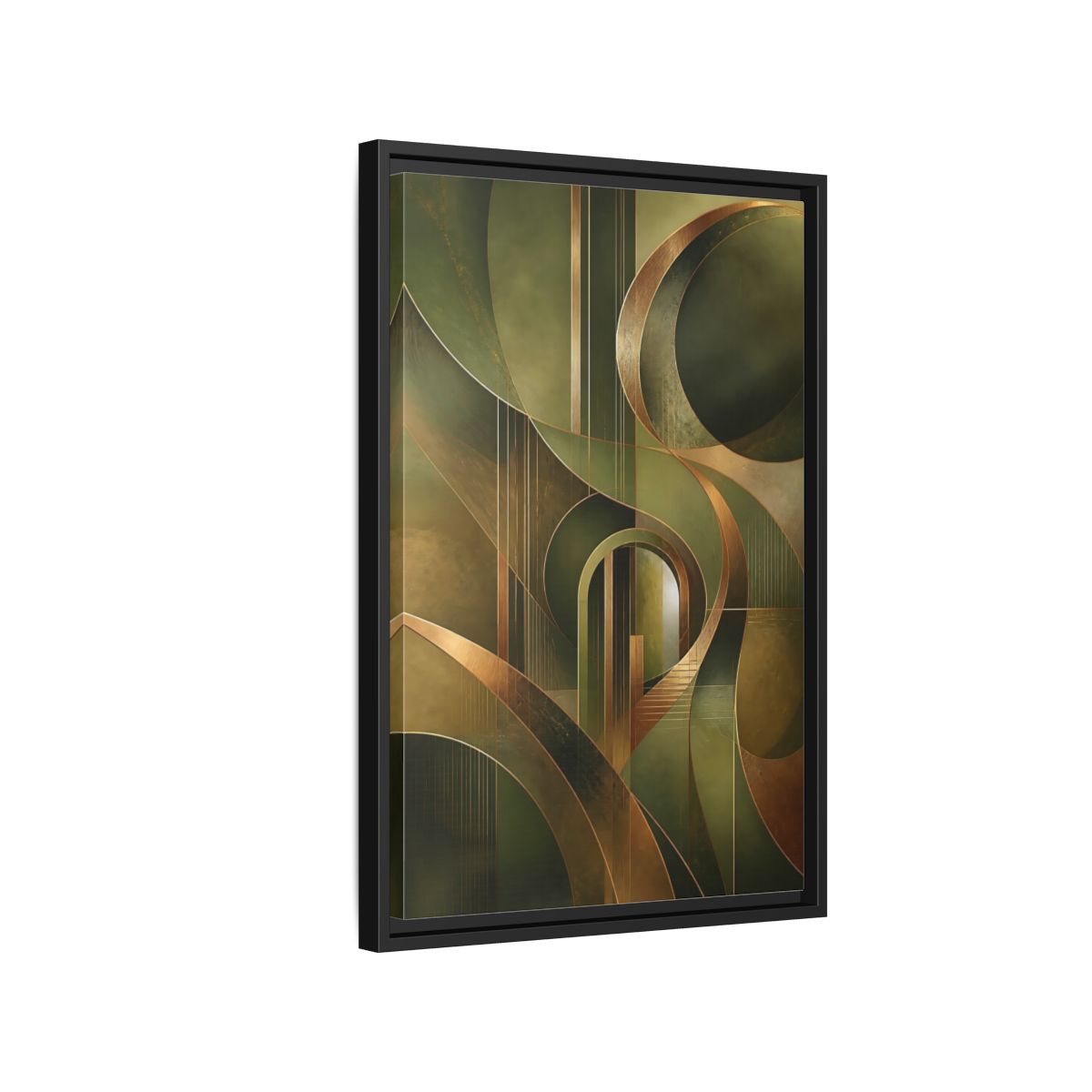 Side Mockup 3. Abstract Abstract Shapes Green And Gold Abstract shown as stretched canvas wall art